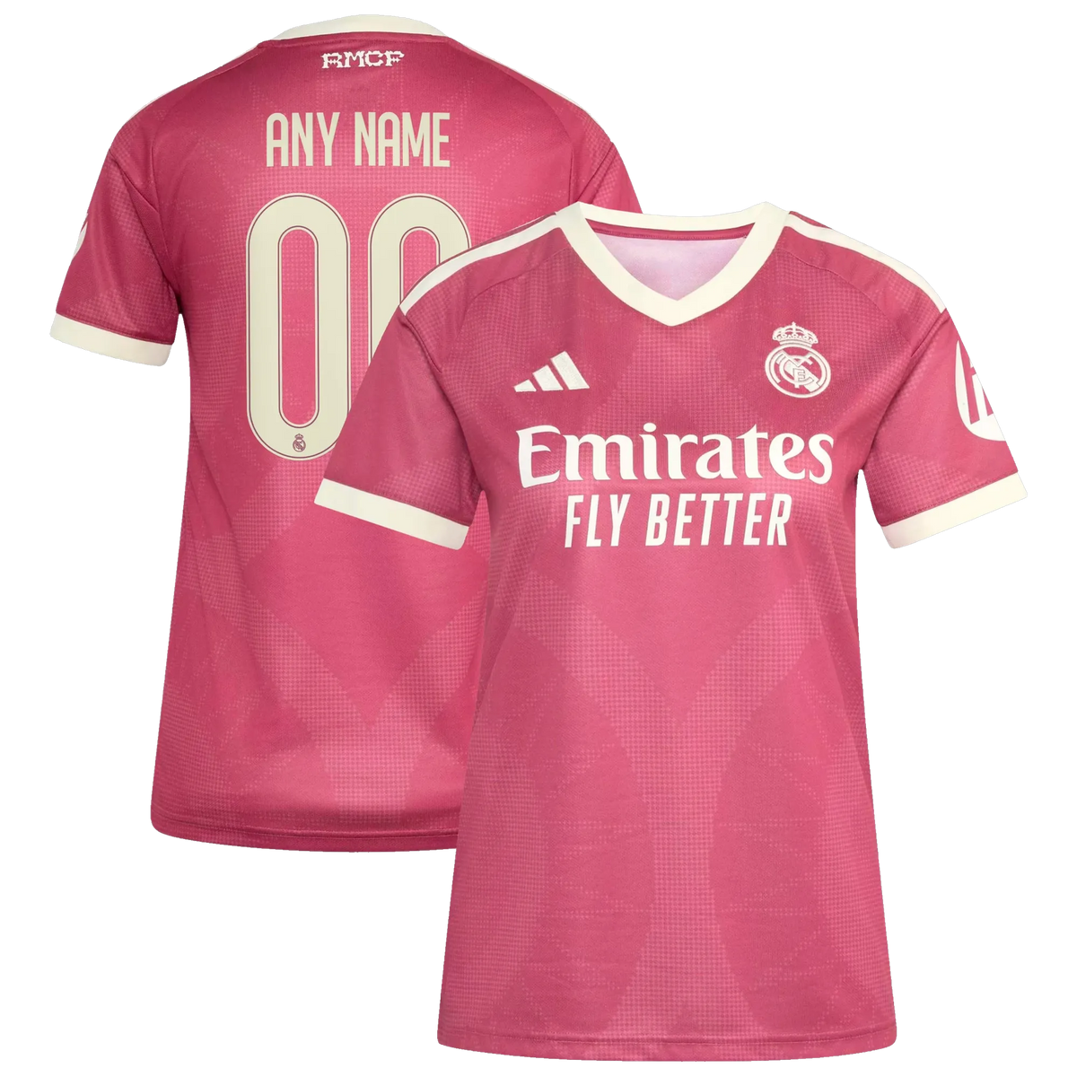 Front and back view of women's Real Madrid 2026-2027 third pink replica custom jersey by Final Third Kit