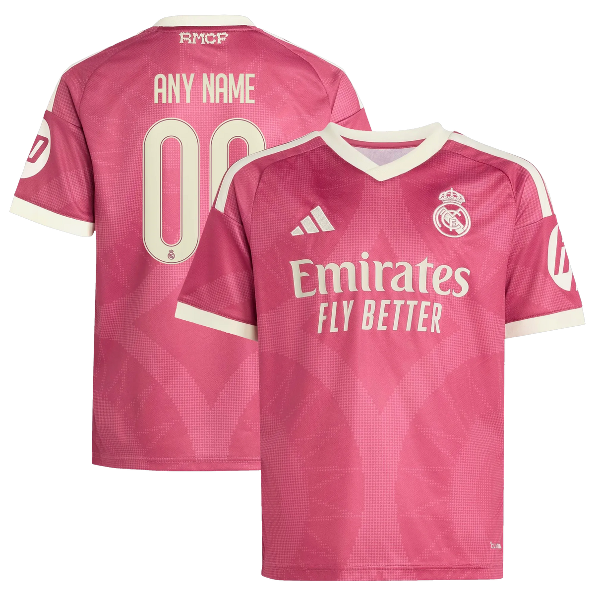 Front and back view of youth Real Madrid 2026-2027 third pink replica jersey by Final Third Kit