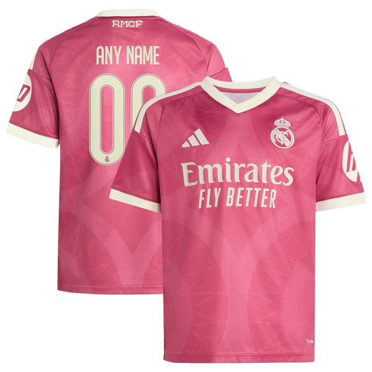 Front and back view of youth Real Madrid 2026-2027 third pink replica jersey by Final Third Kit