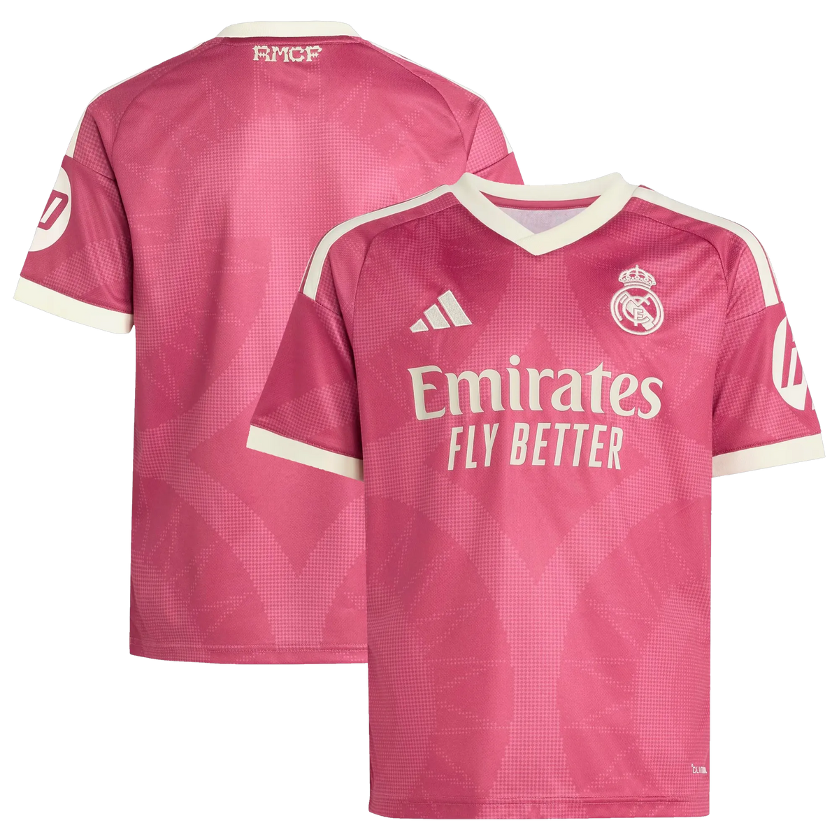 Front and back view of youth Real Madrid 2026-2027 third pink replica jersey by Final Third Kit
