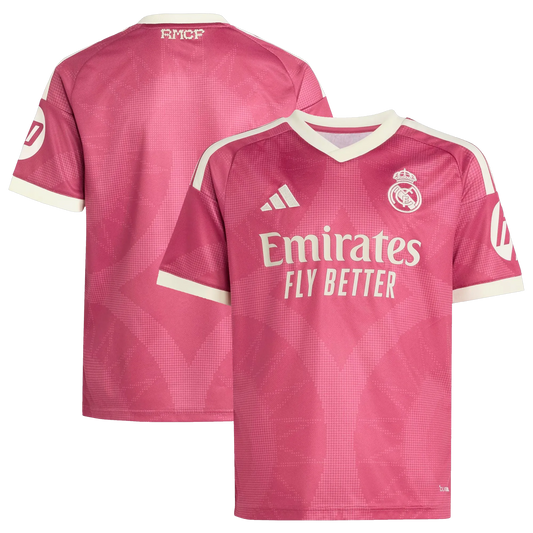 Front and back view of youth Real Madrid 2026-2027 third pink replica jersey by Final Third Kit
