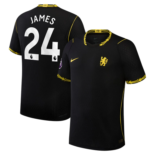 Back view of men's Chelsea 2026-2027 away black football shirt with Reece James name and number printing by Final Third Kit