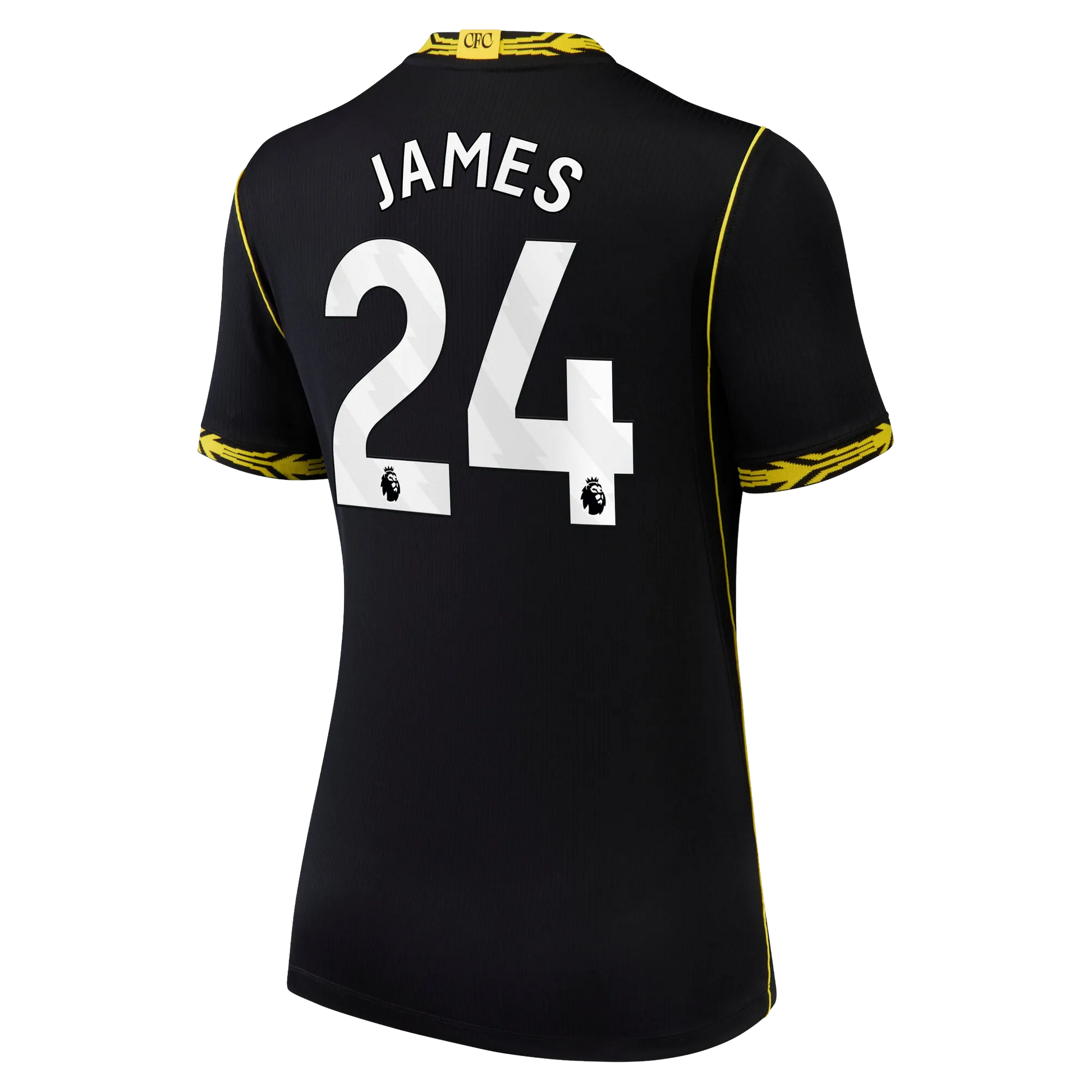Back view of women's Chelsea 2026-2027 away black football shirt with Reece James name and number printing by Final Third Kit