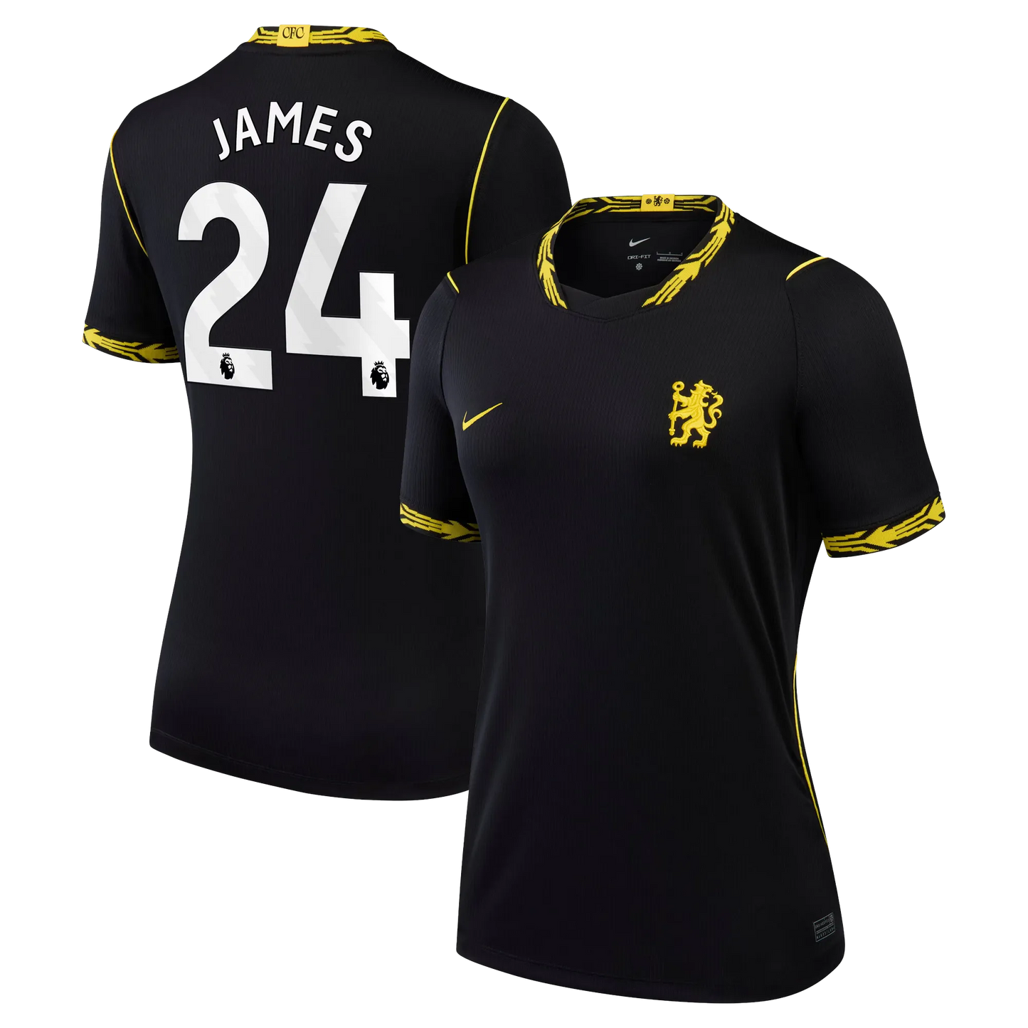 Front and back view of women's Chelsea 2026-2027 away black stadium replica jersey featuring Reece James by Final Third Kit