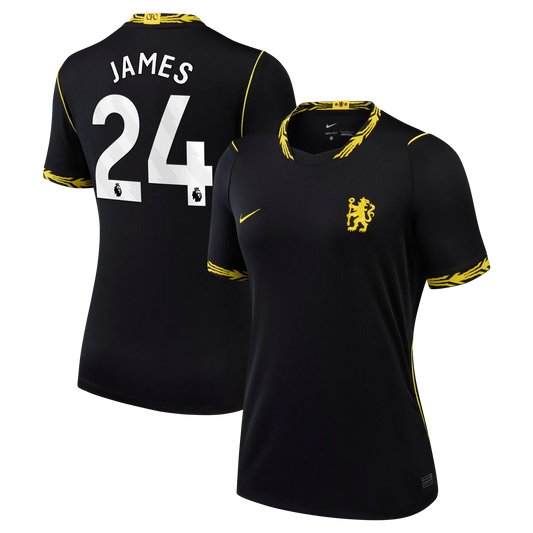 Front and back view of women's Chelsea 2026-2027 away black stadium replica jersey featuring Reece James by Final Third Kit