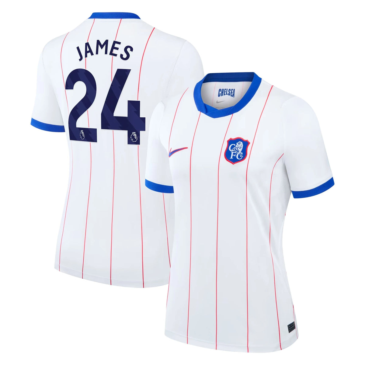 Front and back view of women's Chelsea 2026-2027 third white stadium replica jersey featuring Reece James by Final Third Kit