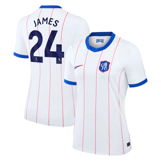 Front and back view of women's Chelsea 2026-2027 third white stadium replica jersey featuring Reece James by Final Third Kit
