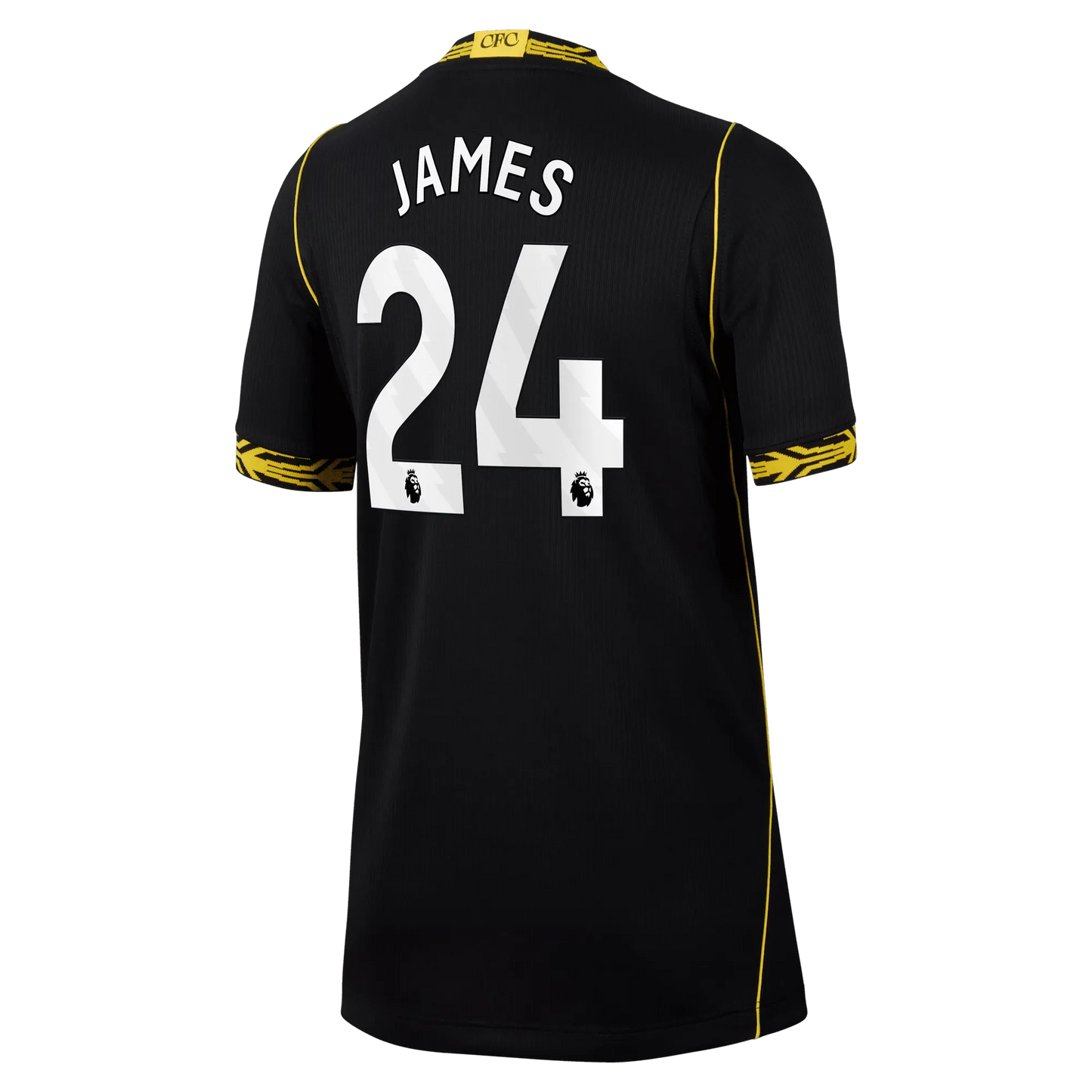 Back view of youth Chelsea 2026-2027 away black football shirt with Reece James name and number printing by Final Third Kit