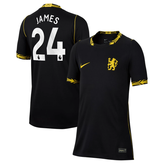 Front and back view of youth Chelsea 2026-2027 away black stadium replica jersey featuring Reece James by Final Third Kit