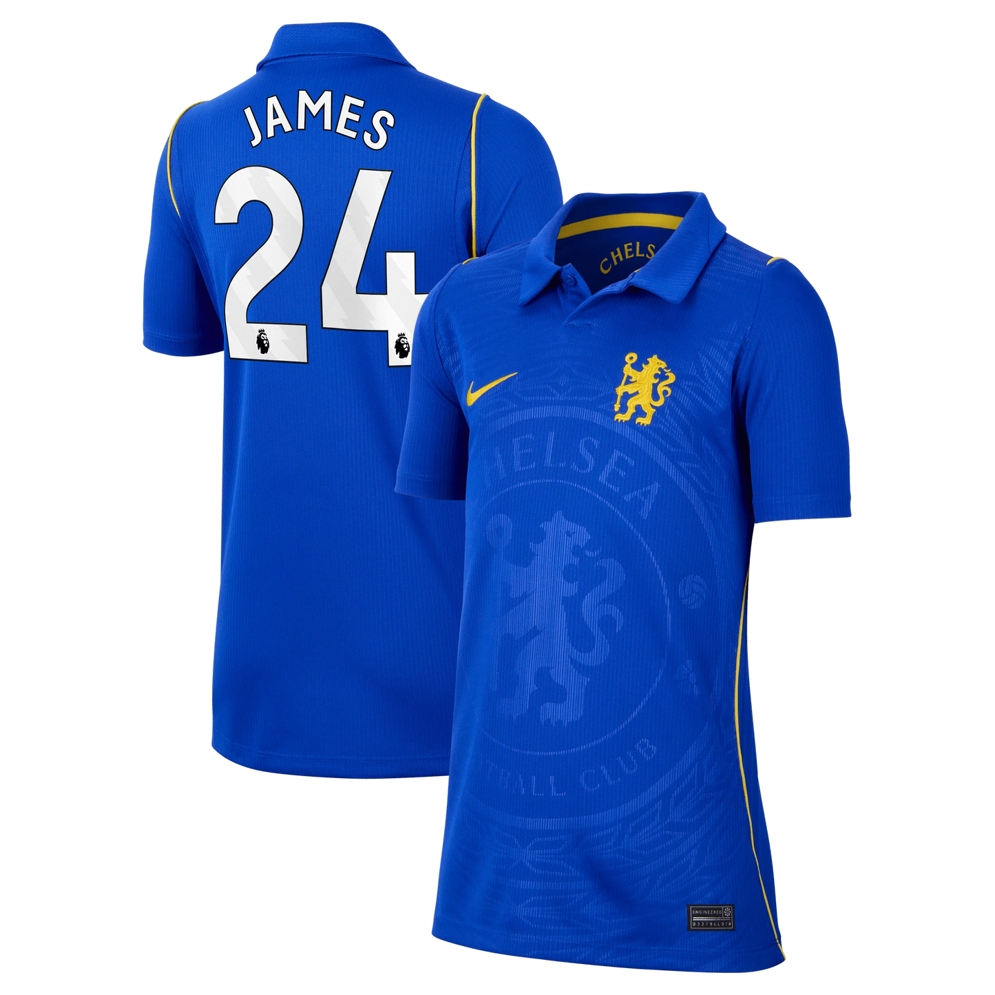 Front and back view of youth Chelsea 2026-2027 home blue stadium replica jersey featuring Reece James by Final Third Kit