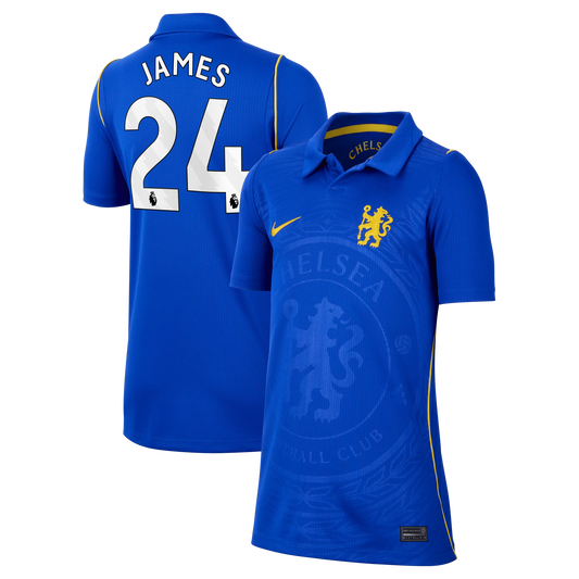 Front and back view of youth Chelsea 2026-2027 home blue stadium replica jersey featuring Reece James by Final Third Kit