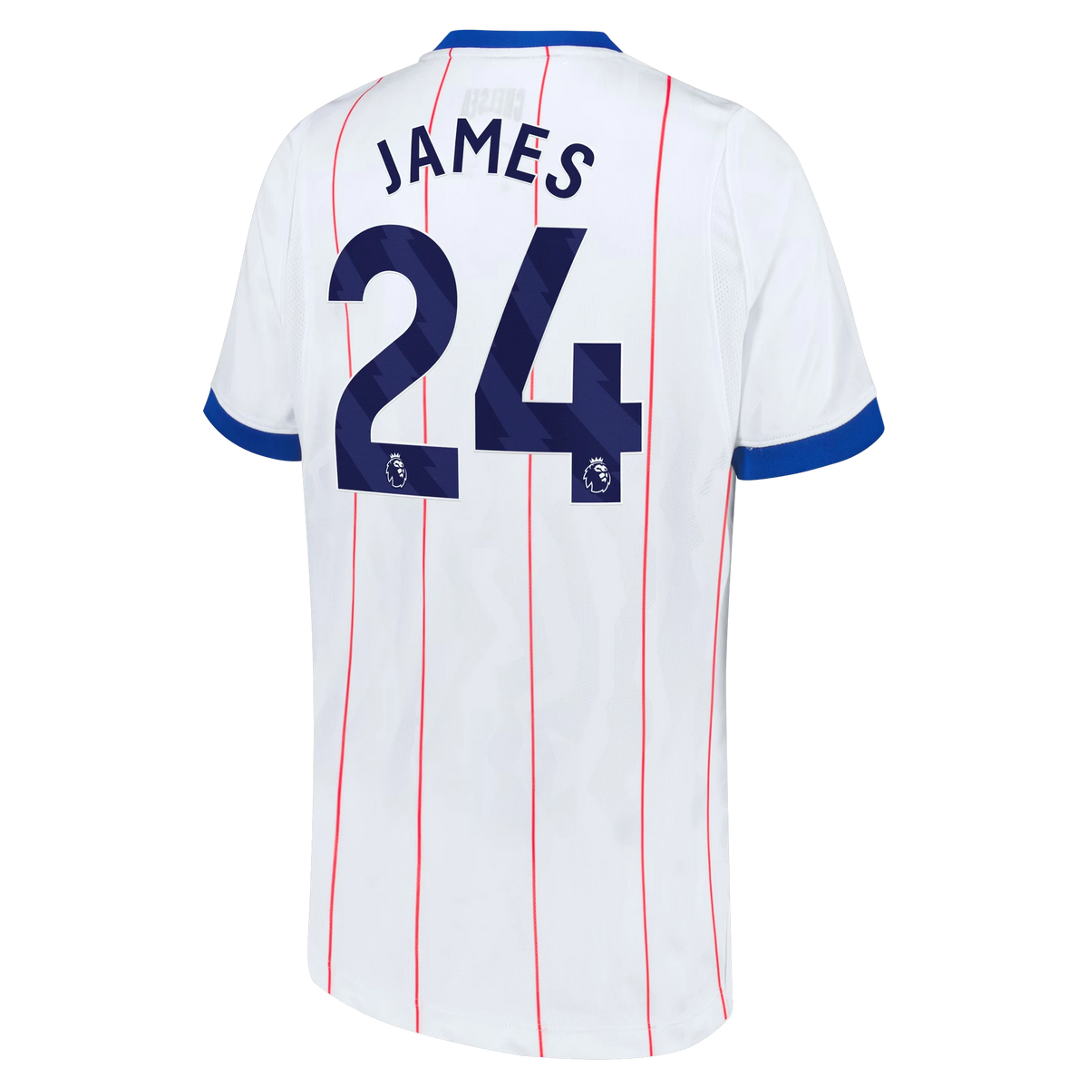Back view of youth Chelsea 2026-2027 third white stadium replica football shirt with Reece James name and number 24 printing by Final Third Kit