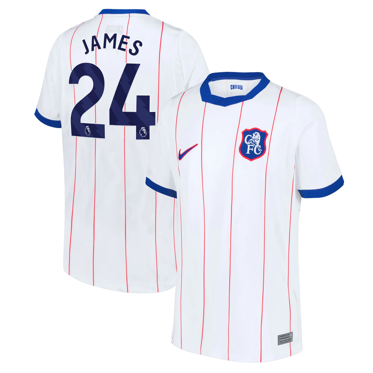 Front and back view of youth Chelsea 2026-2027 third white stadium replica jersey featuring Reece James by Final Third Kit