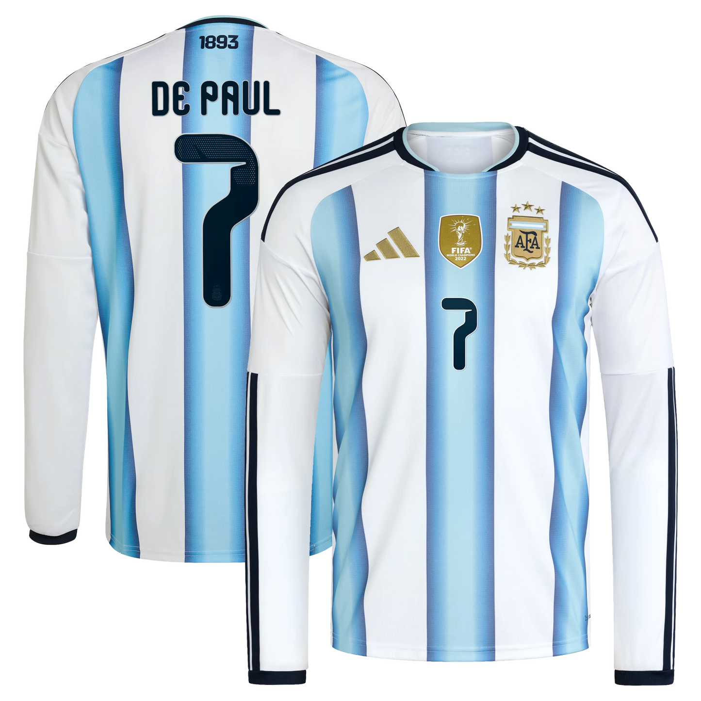 Argentina 2026 World Cup Home Men's Long-Sleeve Stadium Replica Jersey With De Paul #7 Printing