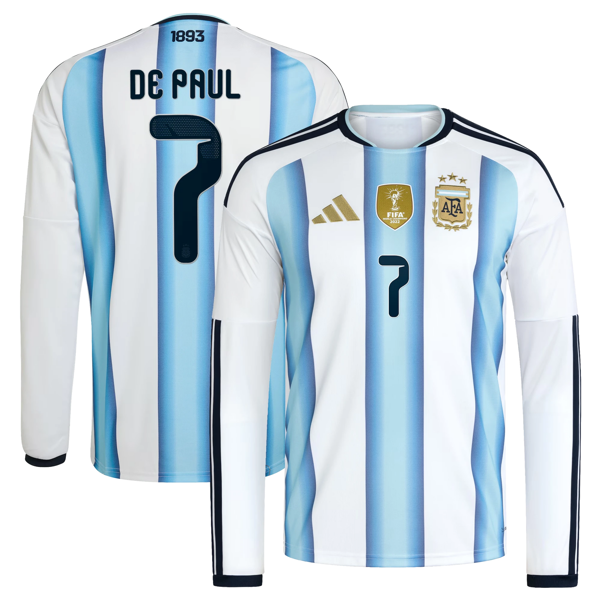 Argentina 2026 World Cup Home Men's Long-Sleeve Stadium Replica Jersey With De Paul #7 Printing
