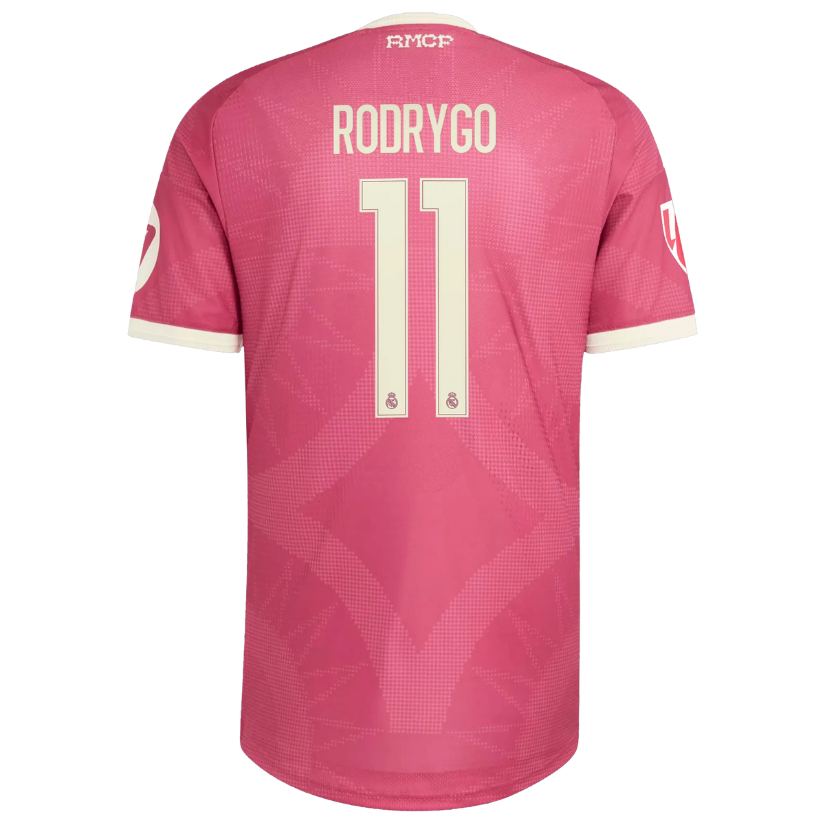 Back view of men's Real Madrid 2026-2027 third pink on-field authentic football shirt with Rodrygo name and number 11 printing by Final Third Kit