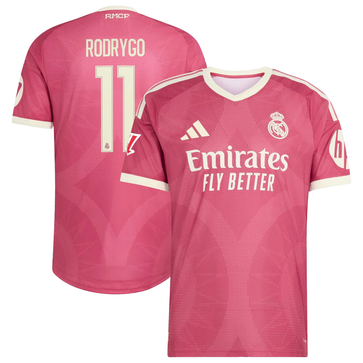 Front and back view of men's Real Madrid 2026-2027 third pink on-field authentic jersey featuring Rodrygo by Final Third Kit