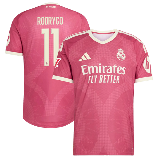 Front and back view of men's Real Madrid 2026-2027 third pink on-field authentic jersey featuring Rodrygo by Final Third Kit