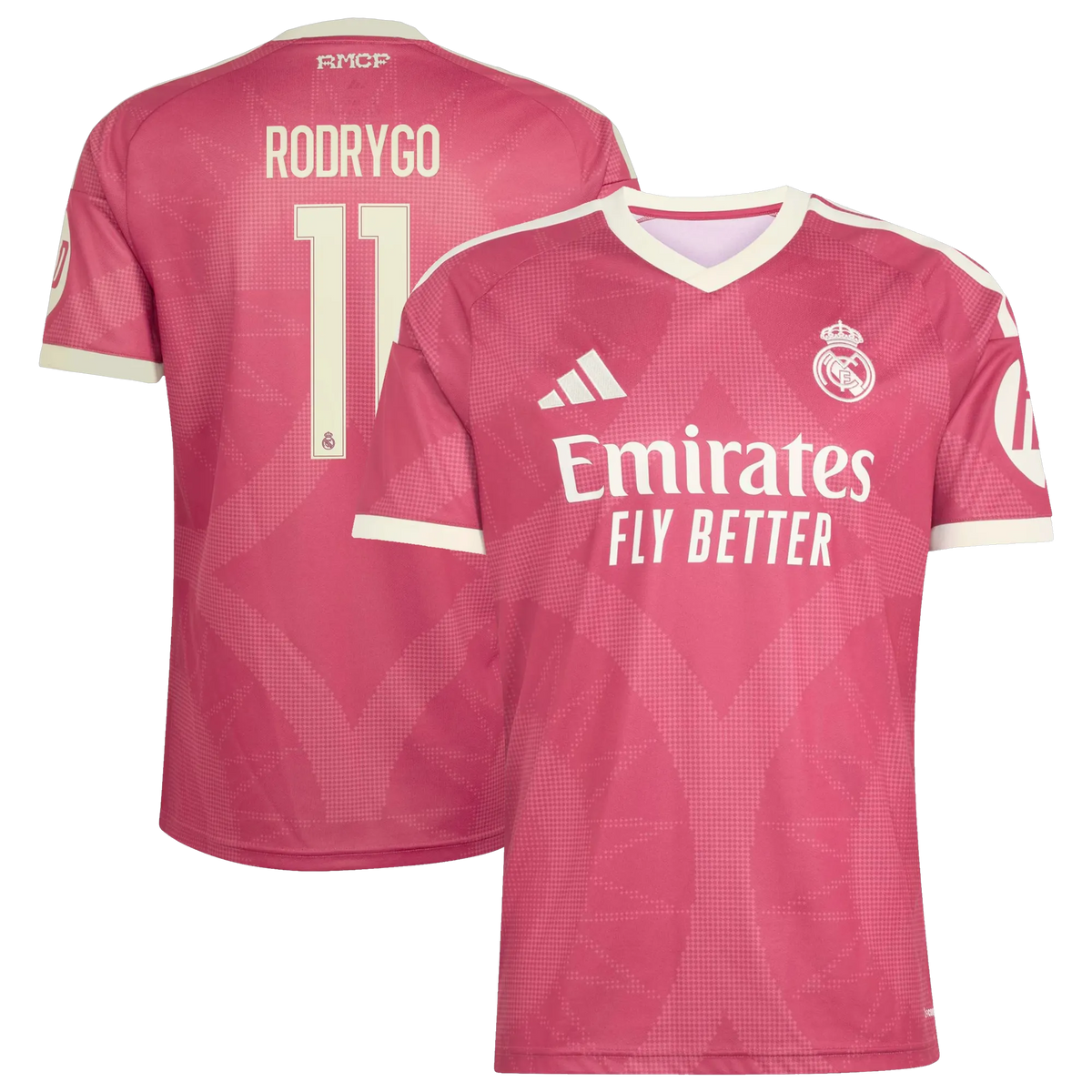 Front and back view of men's Real Madrid 2026-2027 third pink replica jersey featuring Rodrygo by Final Third Kit