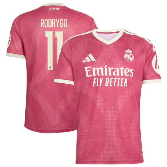 Front and back view of men's Real Madrid 2026-2027 third pink replica jersey featuring Rodrygo by Final Third Kit