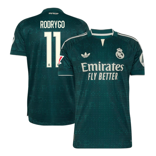 Front and back view of men's Real Madrid 2026-2027 away on-field authentic jersey featuring Rodrygo #11 by Final Third Kit
