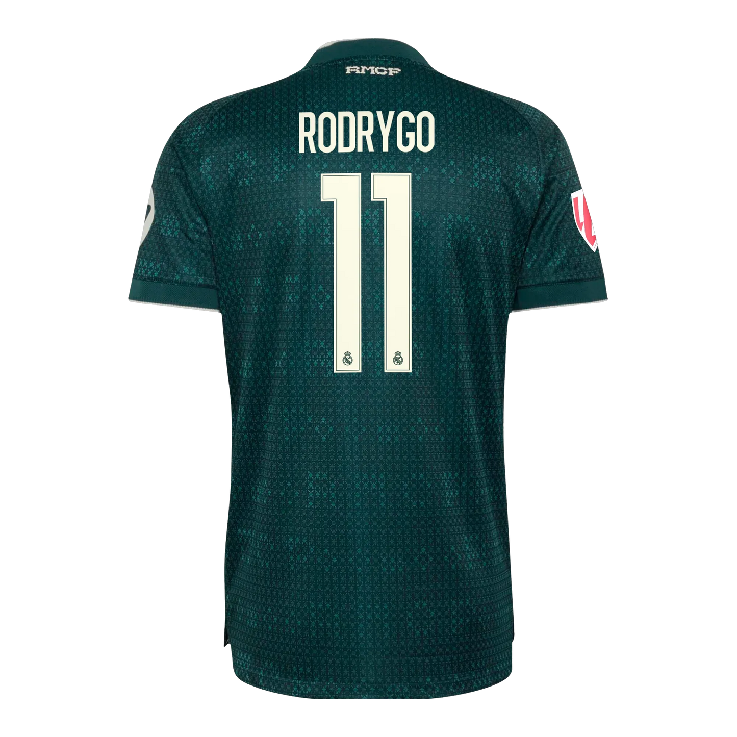 Back view of men's Real Madrid 2026-2027 away green on-field authentic football shirt with Rodrygo name and number printing by Final Third Kit