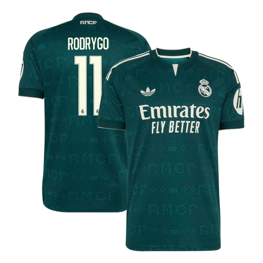Front and back view of men's Real Madrid 2026-2027 away stadium replica jersey featuring Rodrygo #11 by Final Third Kit