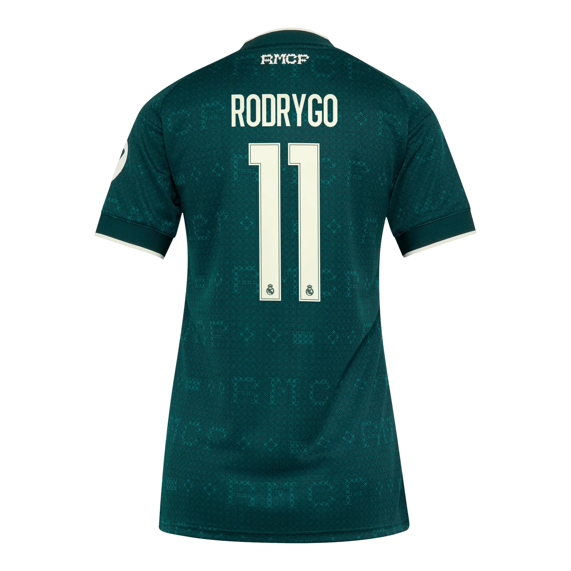 Back view of women's Real Madrid 2026-2027 away football shirt with Rodrygo #11 name and number printing by Final Third Kit