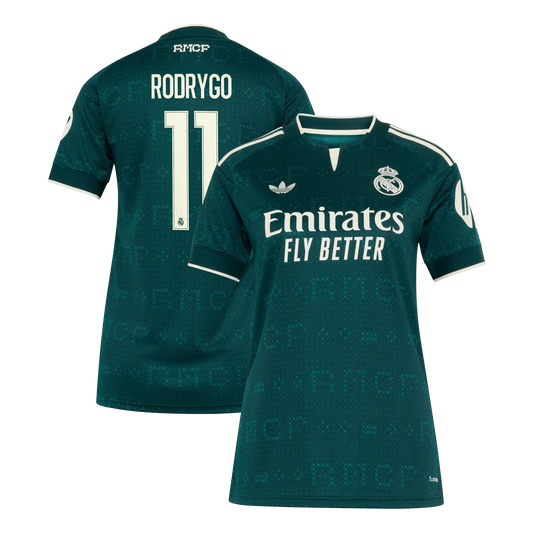 Front and back view of women's Real Madrid 2026-2027 away stadium replica jersey featuring Rodrygo #11 by Final Third Kit