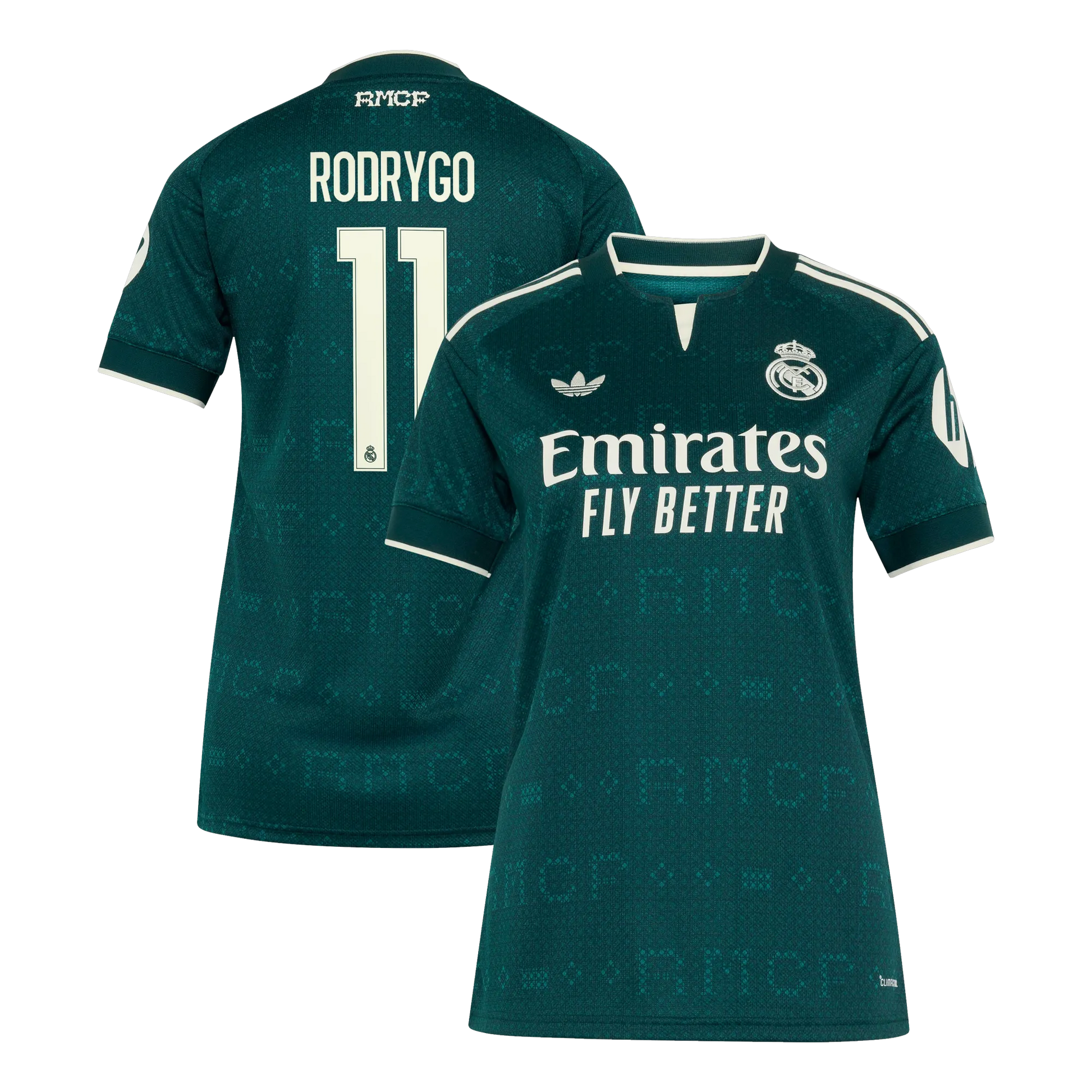 Front and back view of women's Real Madrid 2026-2027 away stadium replica jersey featuring Rodrygo #11 by Final Third Kit