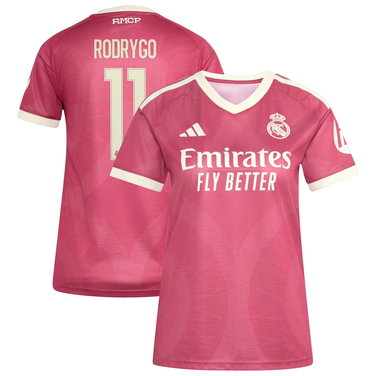 Front and back view of women's Real Madrid 2026-2027 third pink replica jersey featuring Rodrygo by Final Third Kit