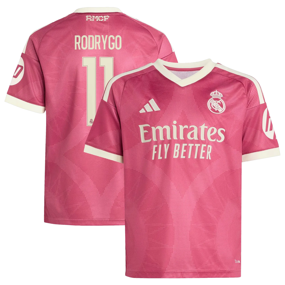 Front and back view of youth Real Madrid 2026-2027 third pink replica jersey featuring Rodrygo by Final Third Kit