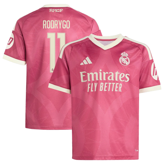 Front and back view of youth Real Madrid 2026-2027 third pink replica jersey featuring Rodrygo by Final Third Kit