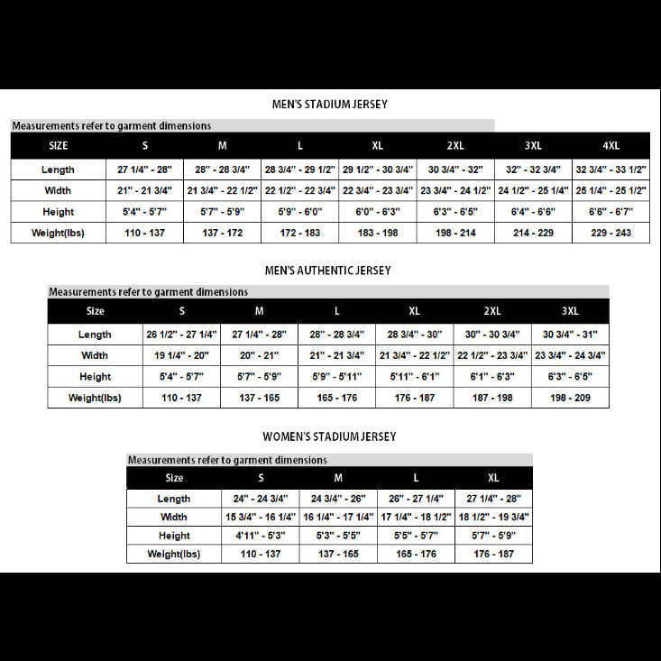 soccer jersey size table
