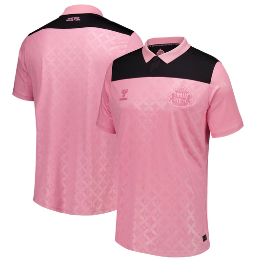 Front and back view of Sunderland x Elvis Hummel 2026-2027 away pink replica shirt by Final Third Kit