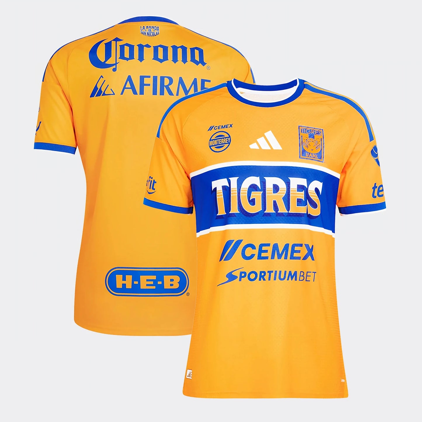 Tigres UANL 2026/27 home stadium replica jersey front and back combined view with yellow base and blue and gold stripes
