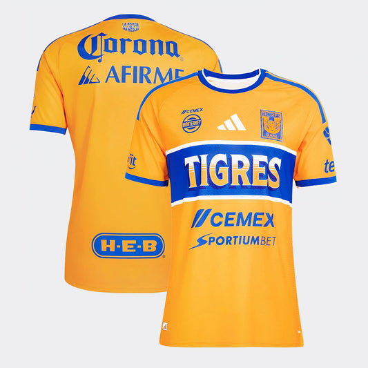 Tigres UANL 2026/27 home stadium replica jersey front and back combined view with yellow base and blue and gold stripes