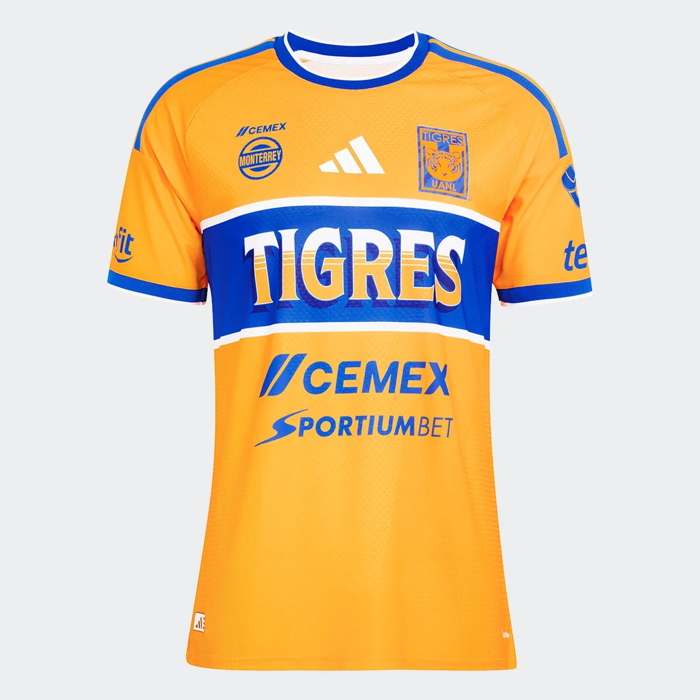 Flat lay of Tigres UANL home stadium replica jersey front with yellow and blue stripes and club crest
