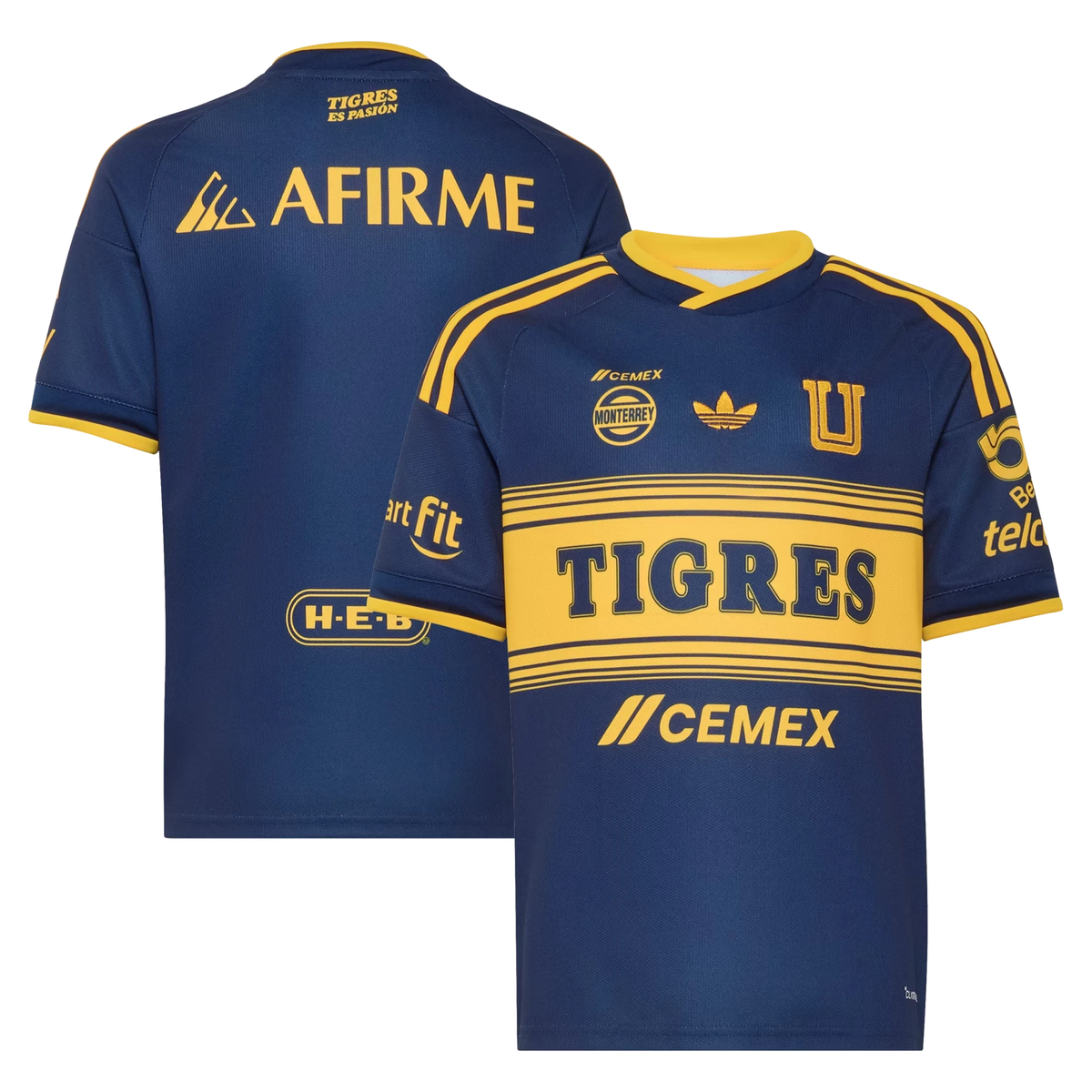 Front and back view of youth Tigres UANL 2026-2027 away navy replica jersey by Final Third Kit