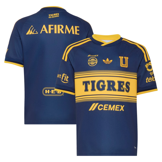 Front and back view of youth Tigres UANL 2026-2027 away navy replica jersey by Final Third Kit