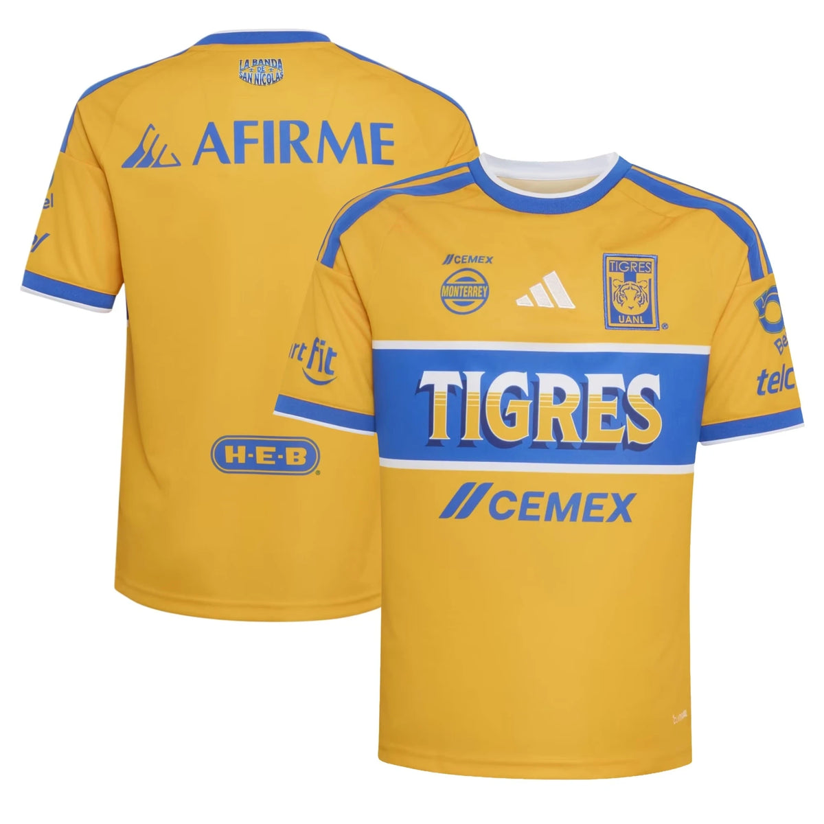 Front and back view of youth Tigres UANL 2026-2027 home gold replica jersey by Final Third Kit