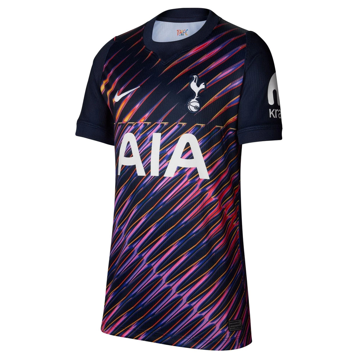 Soccer jersey with colorful pattern and visible branding on a white background