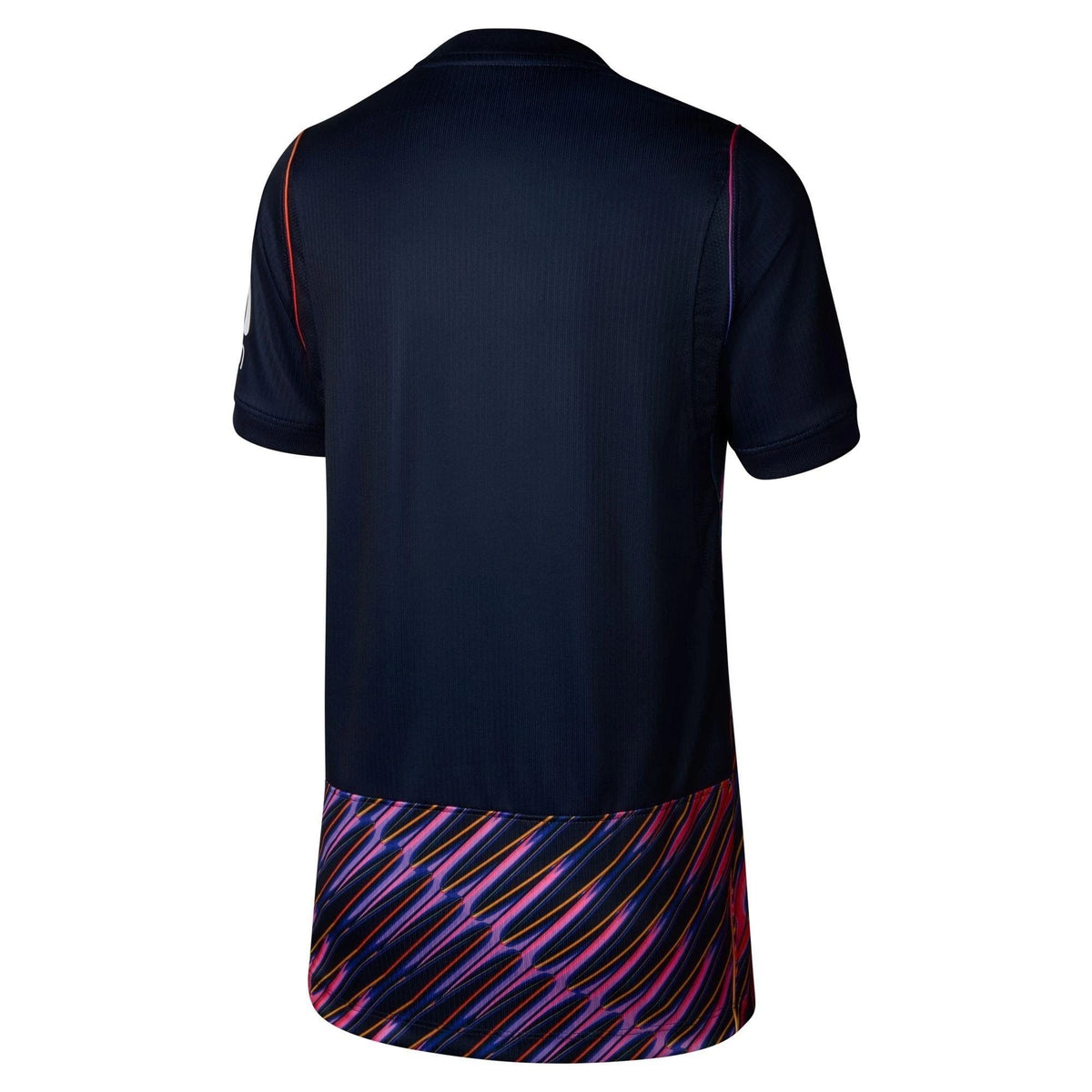 Black shirt with colorful pattern on the bottom on a white background
