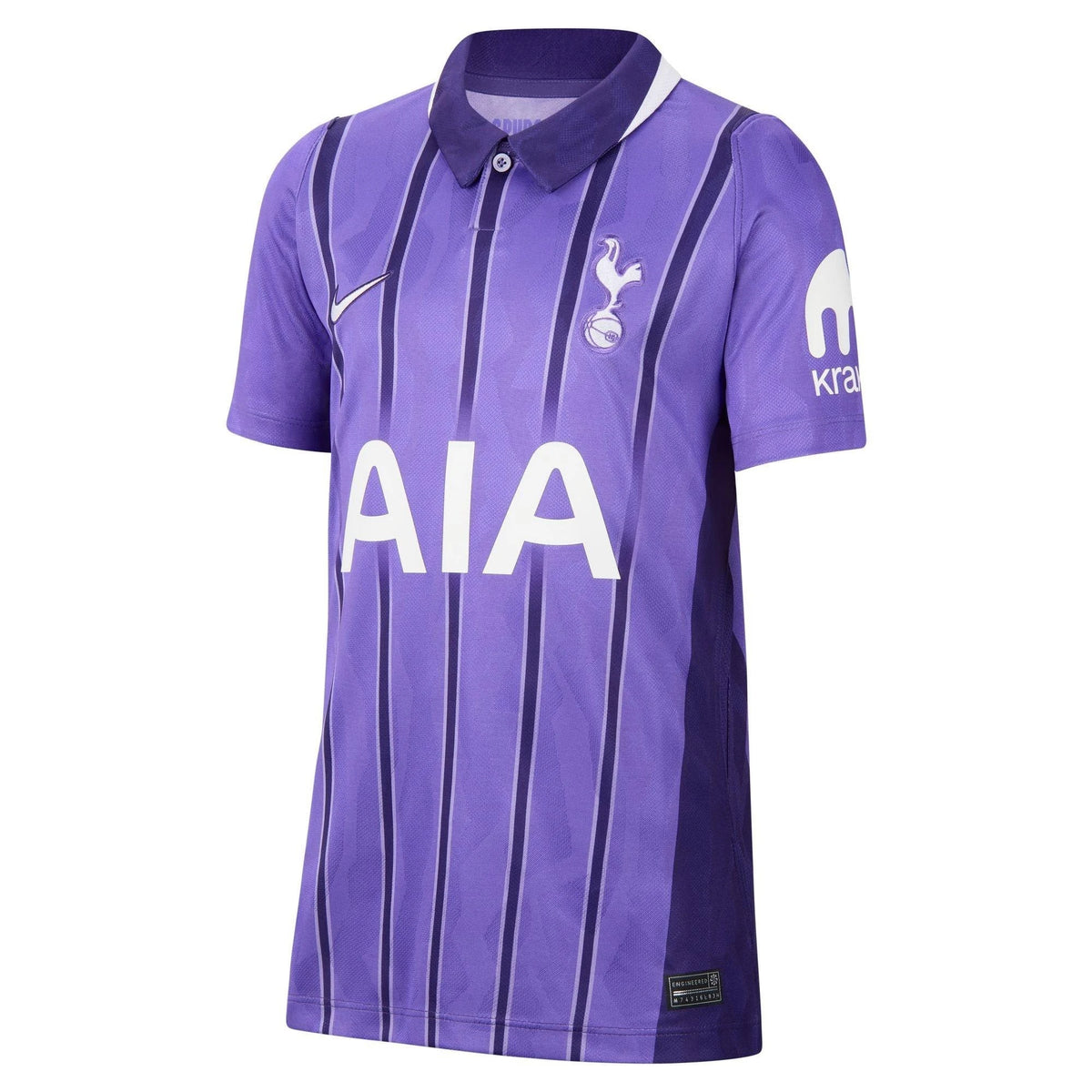 A purple short-sleeve polo soccer jersey with vertical dark purple stripes, featuring the Tottenham crest, a white Nike swoosh, and a large white AIA sponsor logo on the front.
