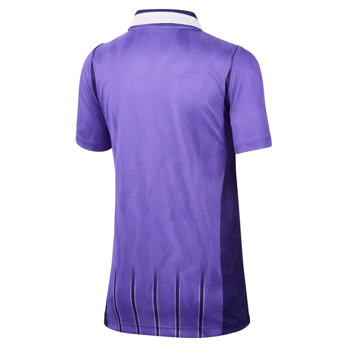 A purple short-sleeve athletic jersey shown from the back, featuring a white collar trim and subtle vertical stripe patterns near the hem.