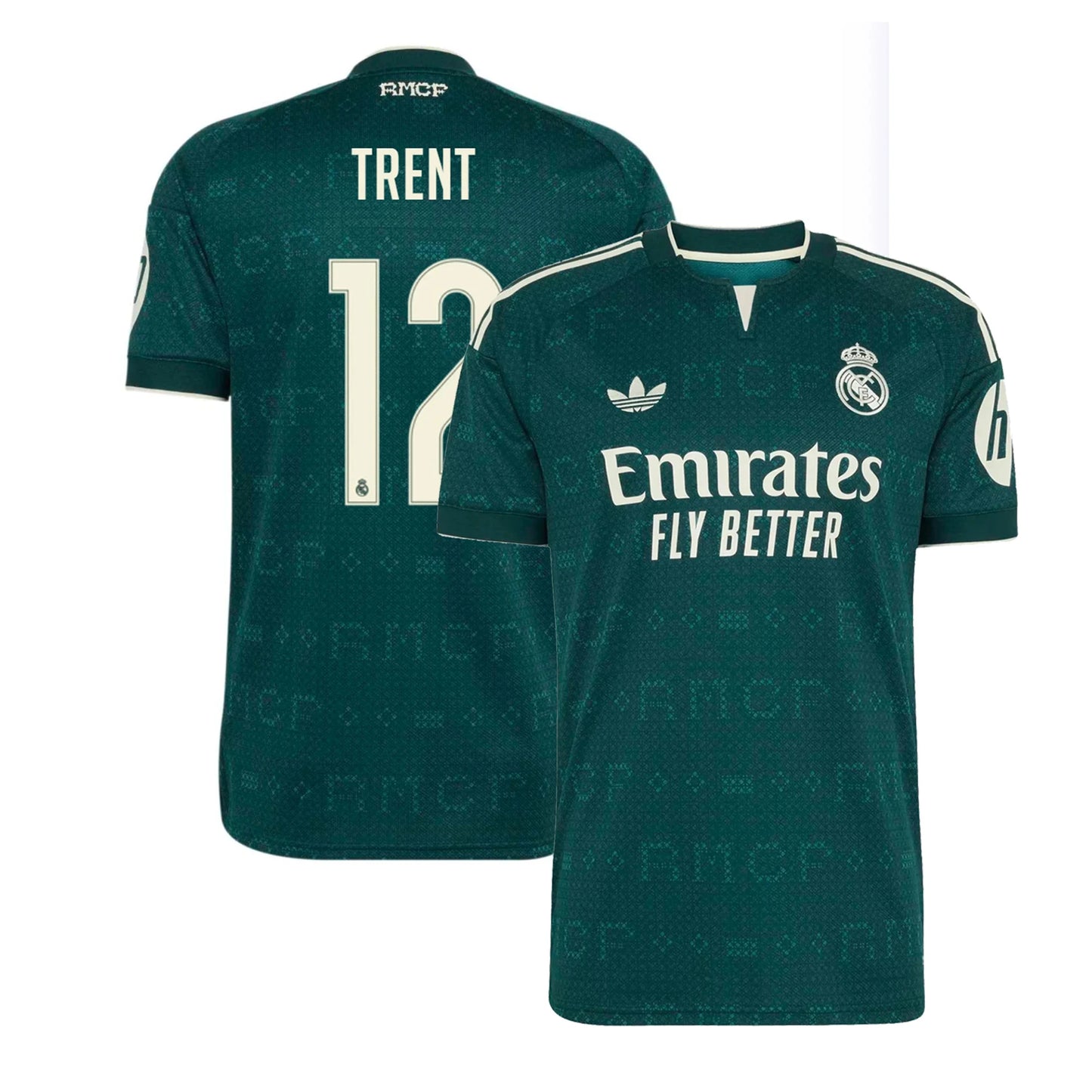 Front and back view of men's Real Madrid 2026-2027 away green stadium replica jersey featuring Trent Alexander-Arnold by Final Third Kit