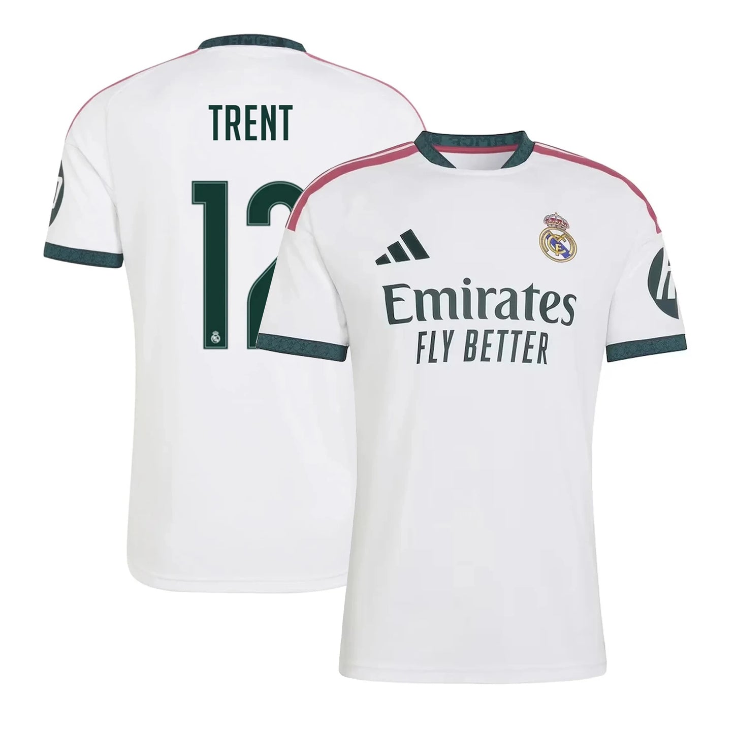 Front and back view of men's Real Madrid 2026-2027 home white stadium replica jersey featuring Trent Alexander-Arnold by Final Third Kit