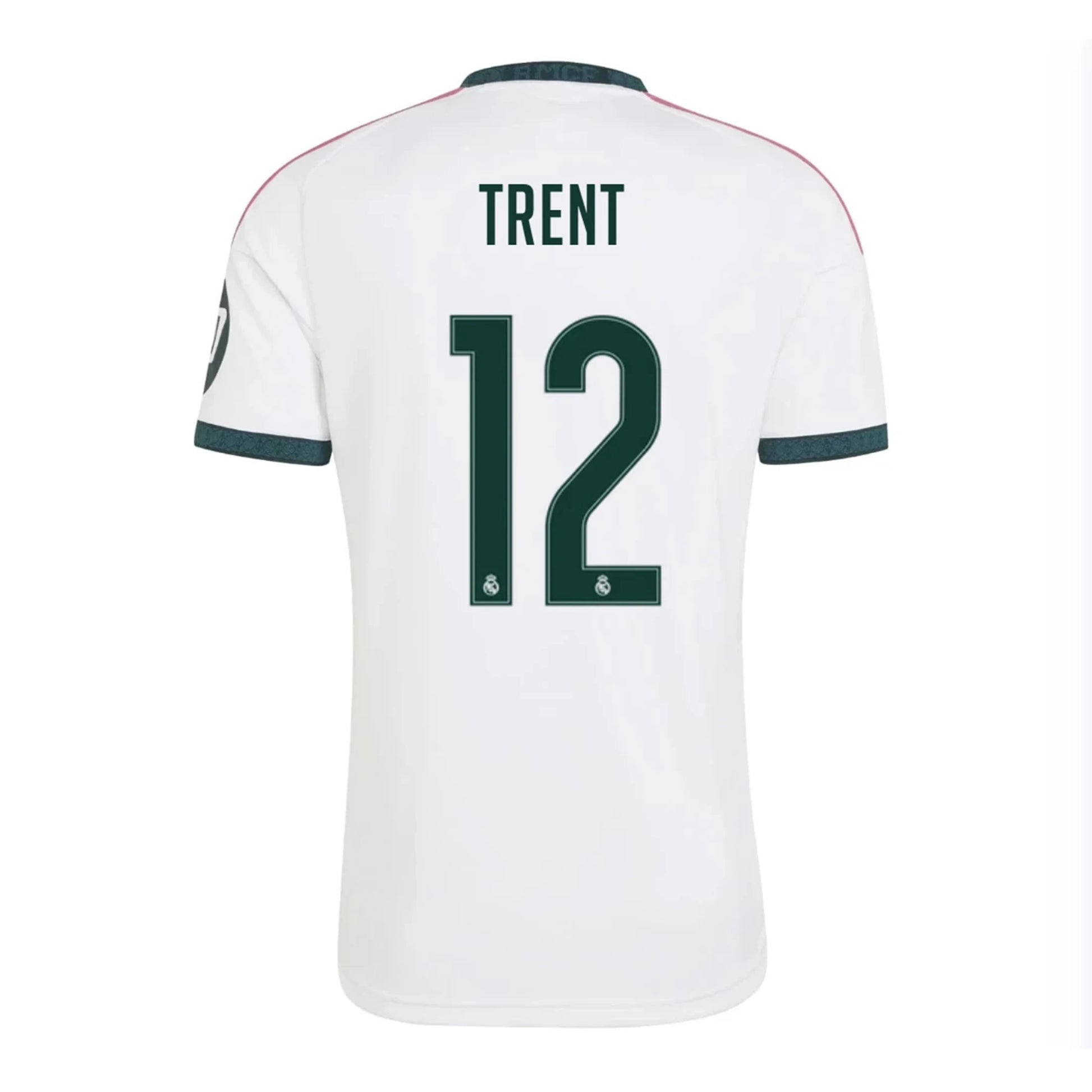 Back view of men's Real Madrid 2026-2027 home white stadium replica football shirt with Trent Alexander-Arnold name and number 12 printing by Final Third Kit
