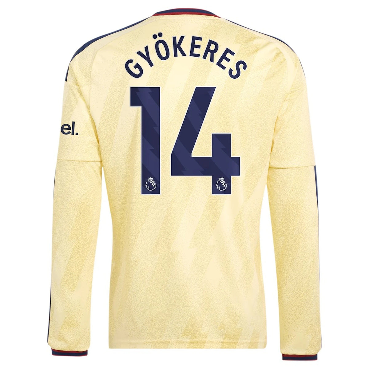 Back view of men's Arsenal 2026-2027 third yellow replica long sleeve football shirt with Viktor Gyökeres name and number 14 printing by Final Third Kit