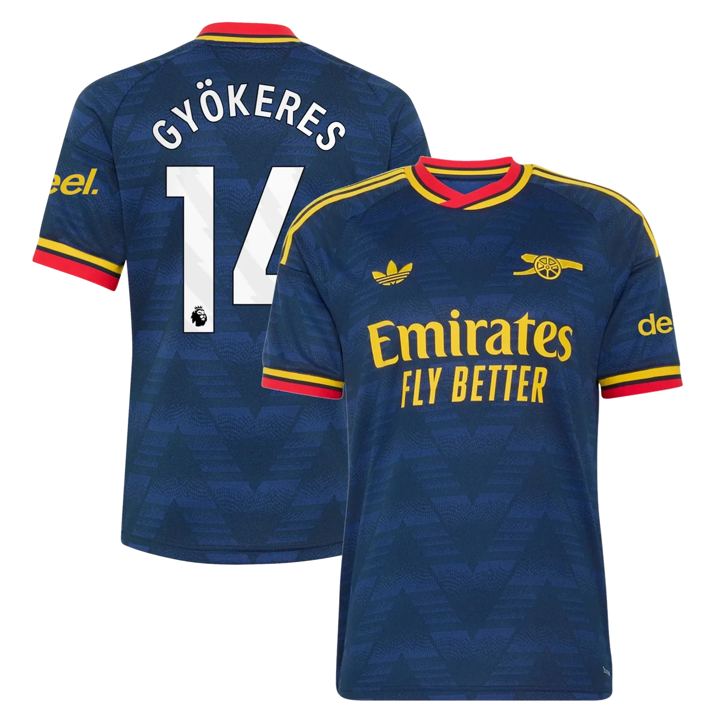 Arsenal 2026/27 away replica jersey front and back combined view with Viktor Gyökeres 9 on back, navy design with red and white accents on front